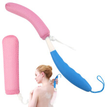 15.35"""" Back Bath Brush with Sponge Back Scrubber Bath Mesh with Curved Long Handle Bath Body Brush for Elderly Aid Bathing and Shower