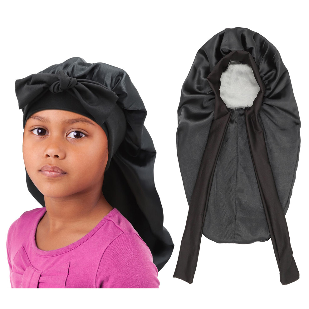Brcok Bonnet long tress    pour enfants, bonnet de nuit en satin pour filles, double couche avec lien     nouer, bonnet en soie pour tout-petits (noi