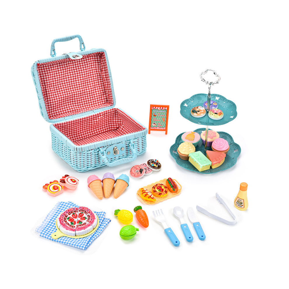 ( Set) Fun 43 Piece Kids Picnic Basket Play Set With Realistic Food Items Interactive Playtime For Blue