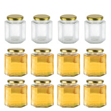Encheng 16 oz Clear Hexagon burkar glasburkar med lock (gyllene) murburkar för honungsmat sylt flytande krydda burkar besättningar burkar konserv