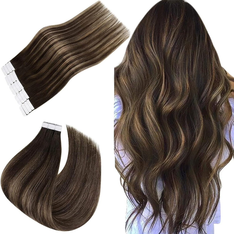 Easyouth Unisex Brown Tape In Hair Extensions Human Hair Balayage Tape In Extensions Invisible Tape In Real Hair Extensions Ombre Hair 12 Inch 30G 20Pc