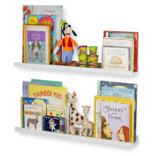 Wallniture Denver Floating Shelves for Kids Room Decor 30"""" White Kids Bookshelf Picture Frames Ledge Shelves Toddler Toys Storage Set of 2