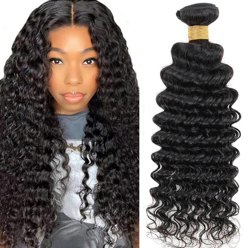 Lizourey Unisex Not,Specified Human Hair Bundles Deep Wave Human Hair One Bundle 16Inch Brazilian Virgin Human Hair Bundles Deep Wave Hair Bundles 100% Unprocessed Human Hair Weave