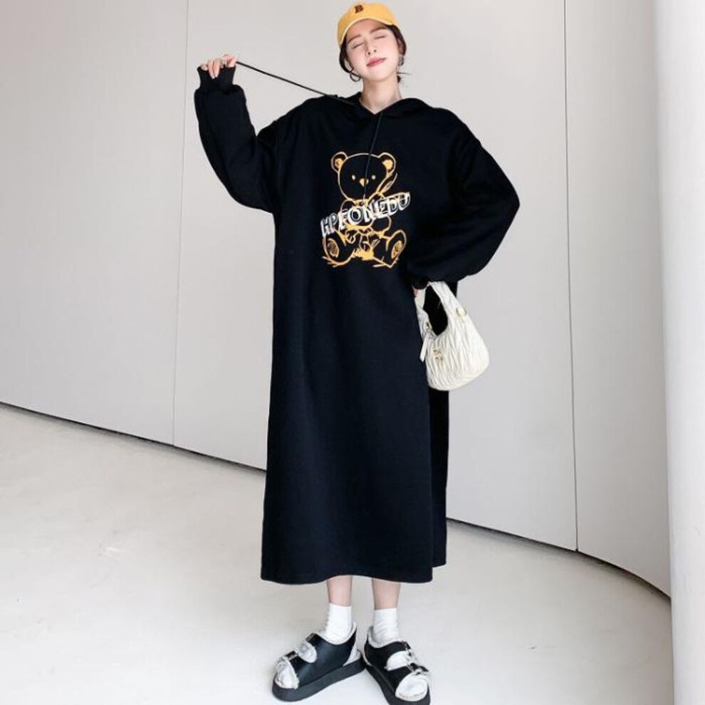 (black, One Size) Women's Plus Velvet Thickened Hooded Sweater Dress: Long, Knee-Length, Loose-Fit, Lazy Style for Autumn and Winter