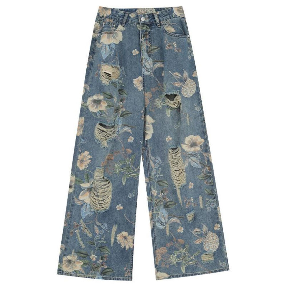 (blue, Medium) Women's 2024 Summer Retro Printed Wide-Leg Ripped Jeans