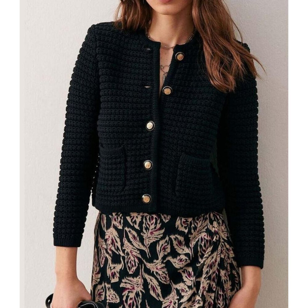(black, One Size) Women's French Retro Casual Single-Breasted Cardigan Sweater Jacket - Loose Fit, Thickened Design