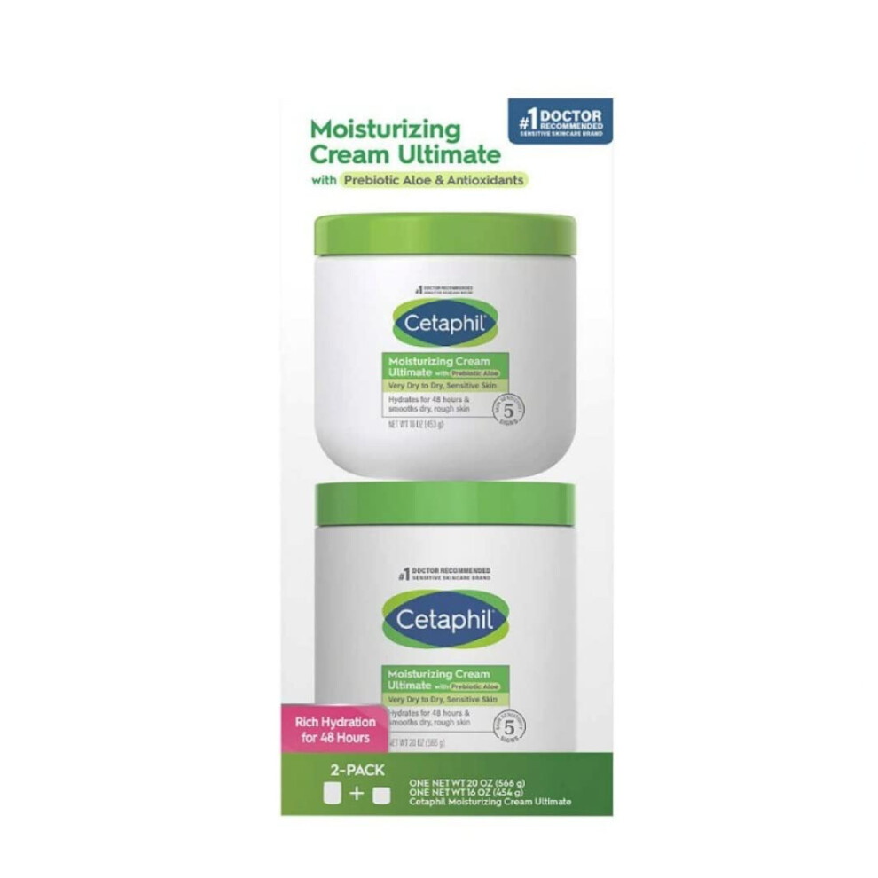 Cetaphil Moisturizing Cream Ultimate with Prebiotic Aloe  Very Dry to Dry Sensitive Skin  2 Pack - 20 Ounce and 16 Ounce