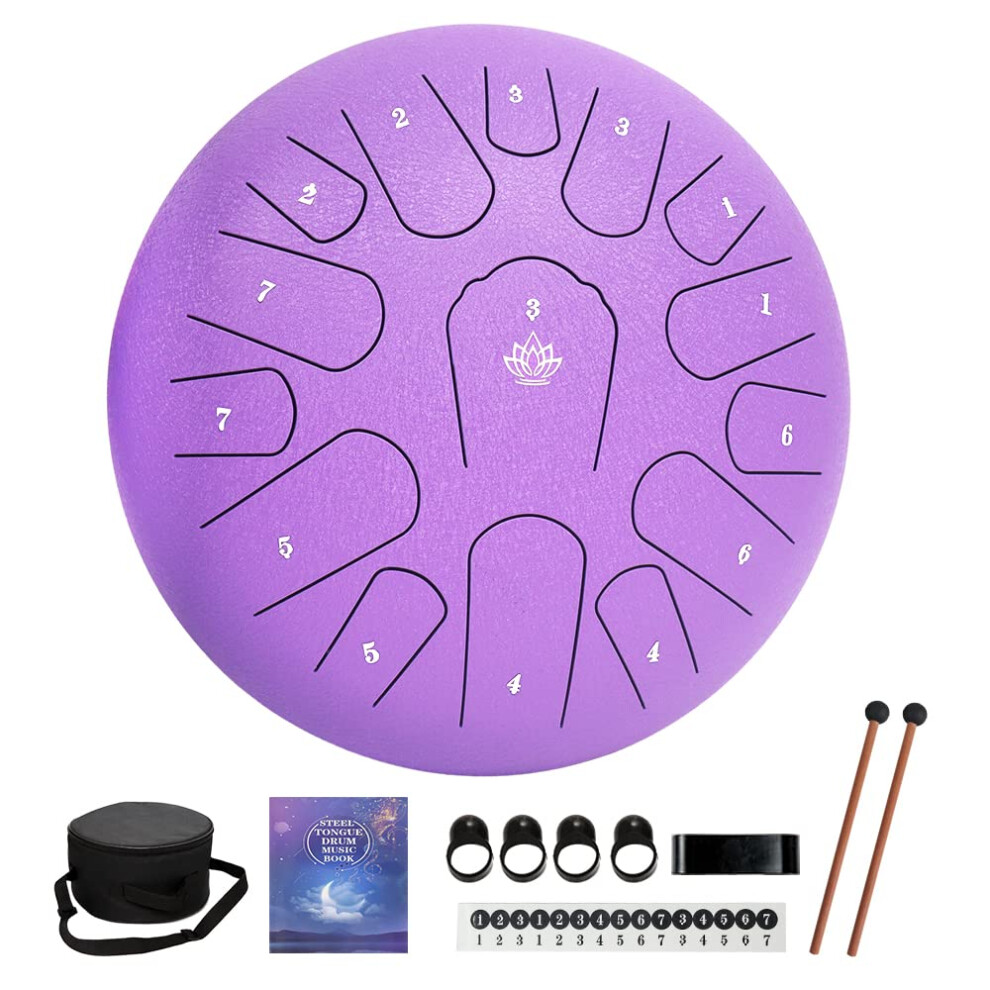 Yasisid Tamburo Per Lingua In Acciaio, 30,5 Cm, 15 Note, Strumento A Percussione A Mano, Con Borsa Morbida, Libro Musicale, 2 Mazzuole, Per Meditazione O Yoga (Viola)-image
