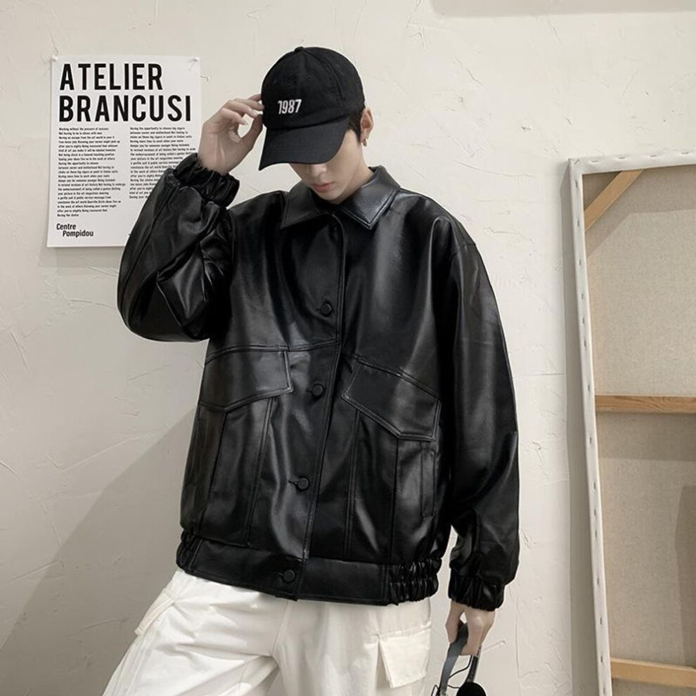 (black, M) Korean Trendy Retro Leather Jacket for Young Men - Stylish Moto Pilot Coat for Spring & Autumn