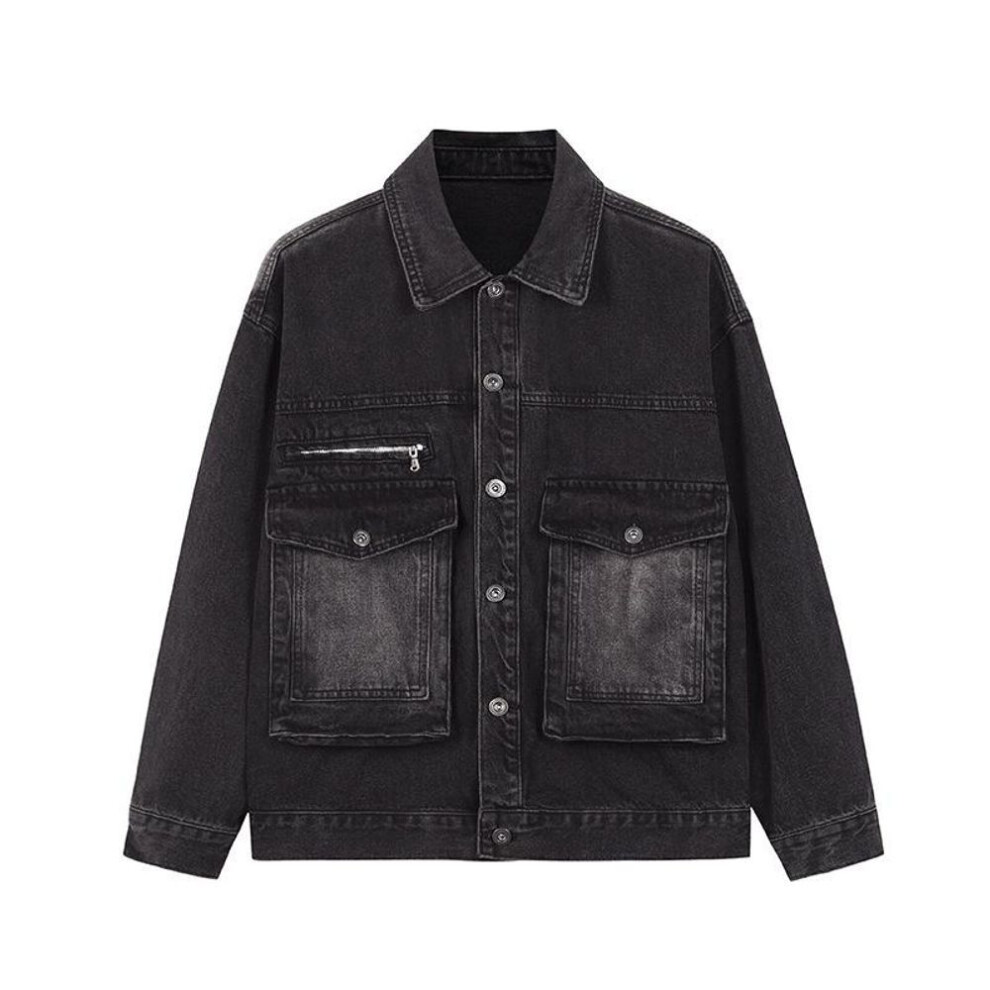 (black, M) "boys' Retro Denim Jacket With Lapel, Zipper, And Faux Pockets - Loose Fit For Autumn/winter 2023