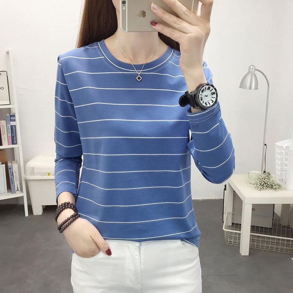 (blue, 2XL: 136-145 lbs) "Women's Striped Round Neck Long Sleeve Loose Fit T-Shirt for Autumn
