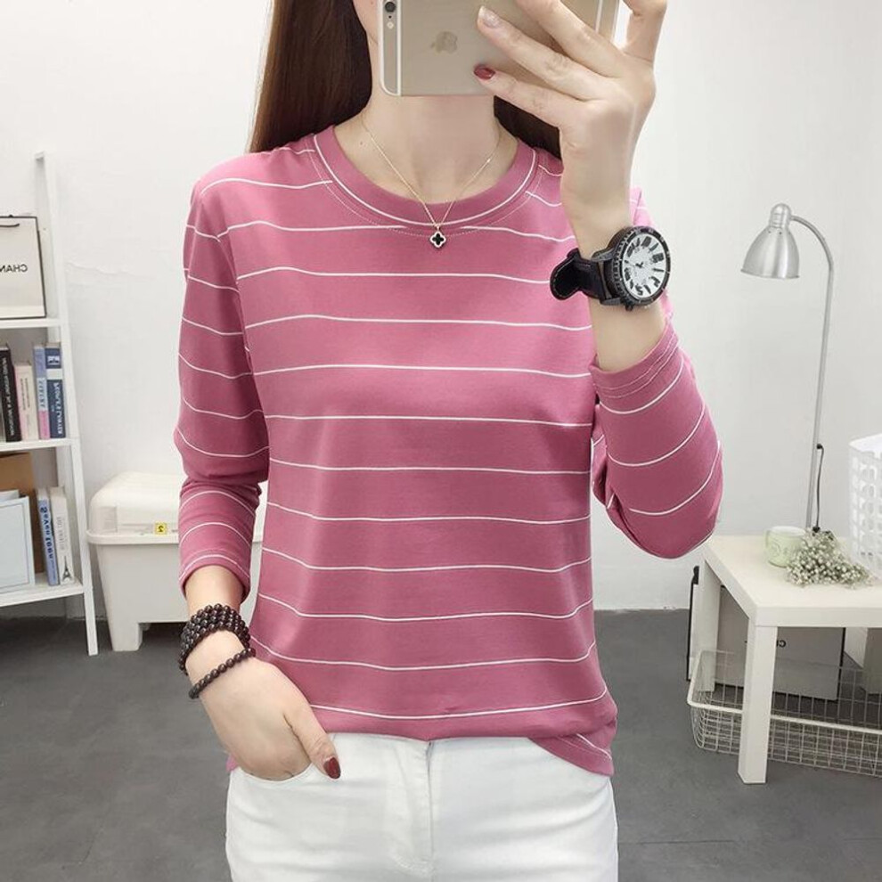 (rose red, 5XL: 181-200 lbs) "Women's Striped Round Neck Long Sleeve Loose Fit T-Shirt for Autumn