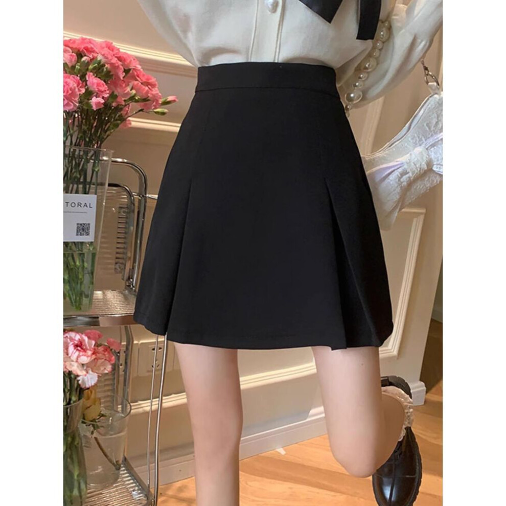 (S) Women's High-Waist Black A-Line Pleated Skirt - Spring 2024 College Style, Anti-Exposure, Short Skirt