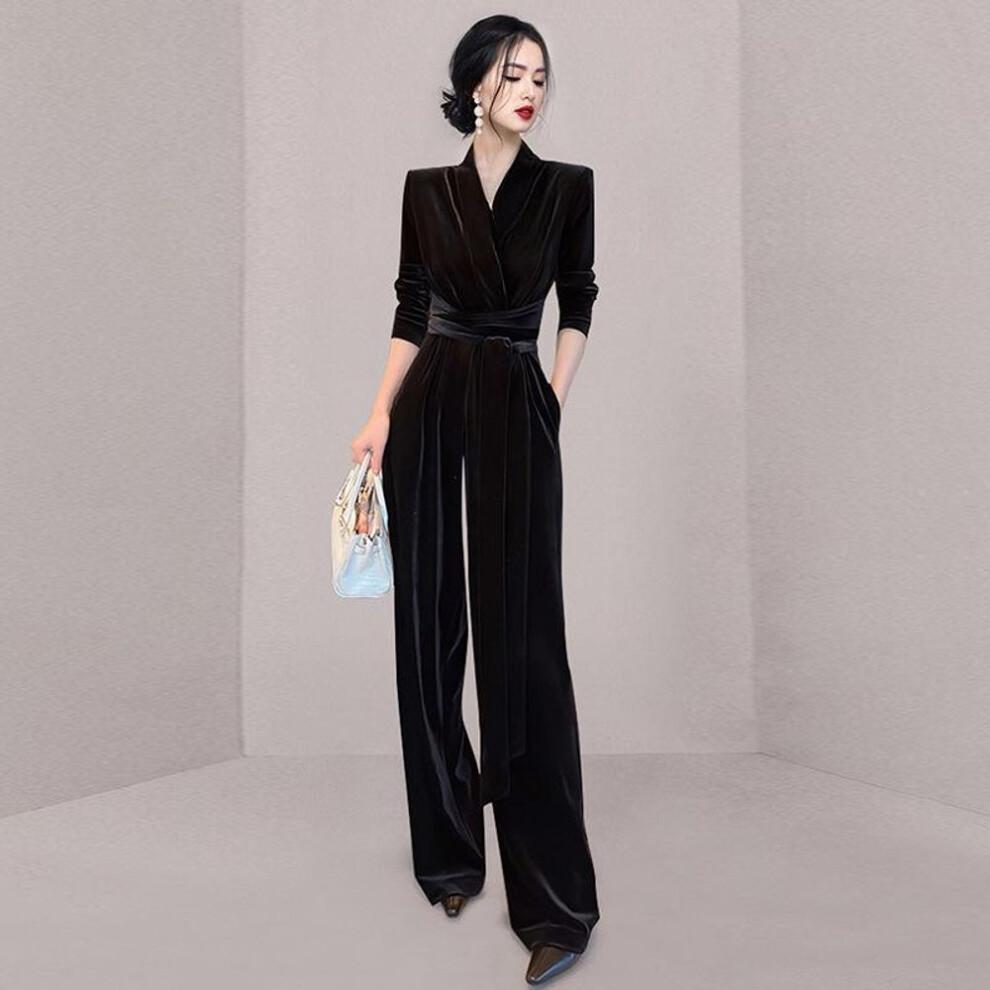 (L) European Velvet V-Neck Jumpsuit - 2023 New: Elegant High Waist, Long Sleeves, Straps, and Wide-Leg Design.