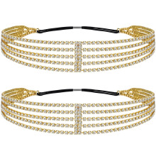 ANCIRS 2 Pack Multi Layered Elastic Headband for Women Adjustable Rhinestone Bridal Headpieces Stretchy Crystal Jewelry Hair Bands Accessories for