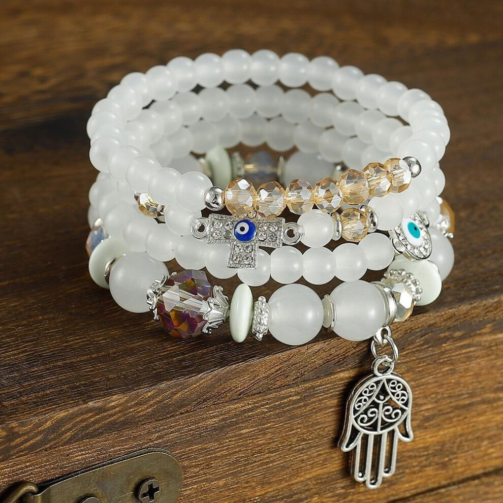 (white) "european & American Bohemian Evil Eye Palm Pendant Multi-layer Beaded Ladies Bracelet