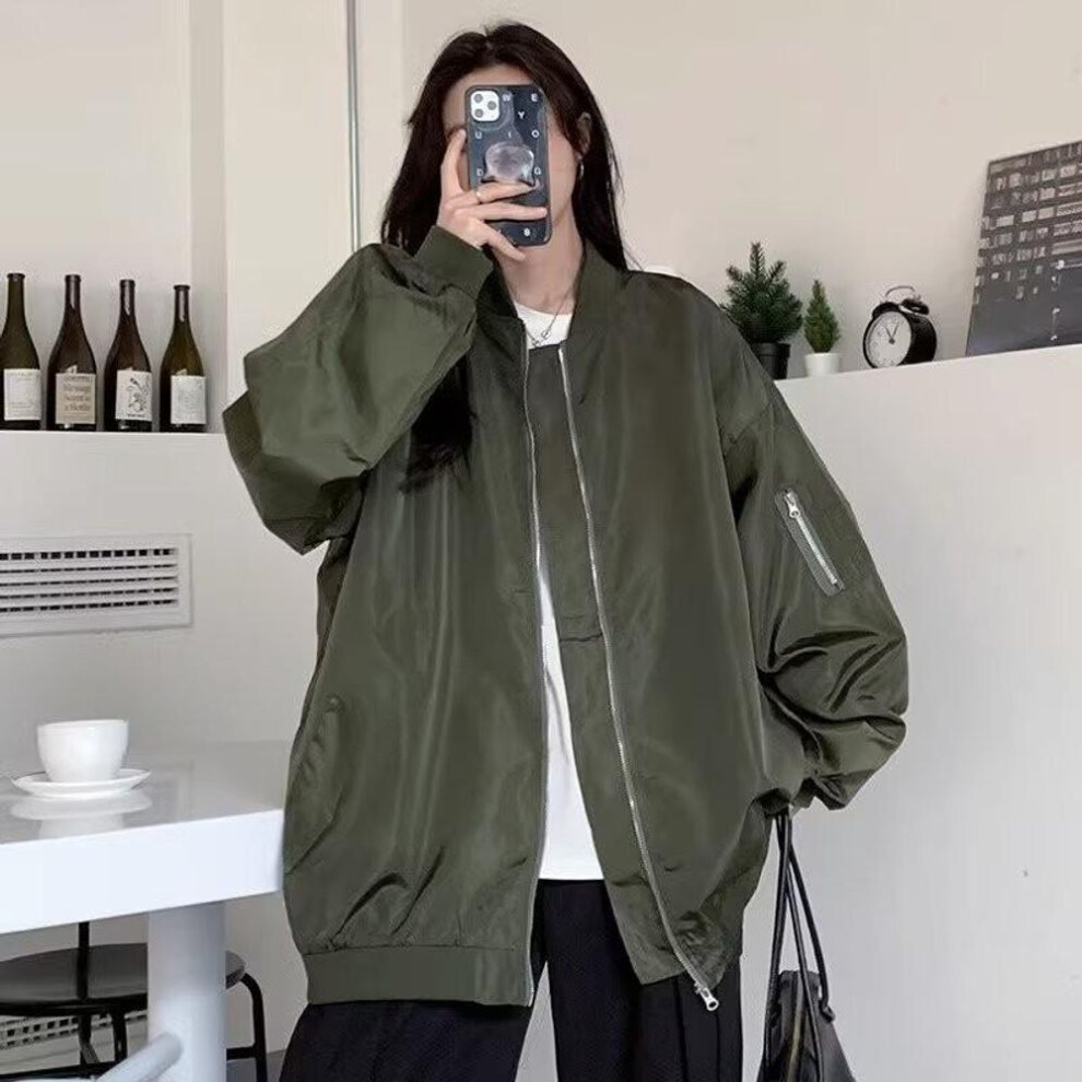 (green, L) Women's Harajuku Baseball Jacket, Spring/Autumn, Military Green, American Couple Style, Trendy Hong Kong Niche Design.