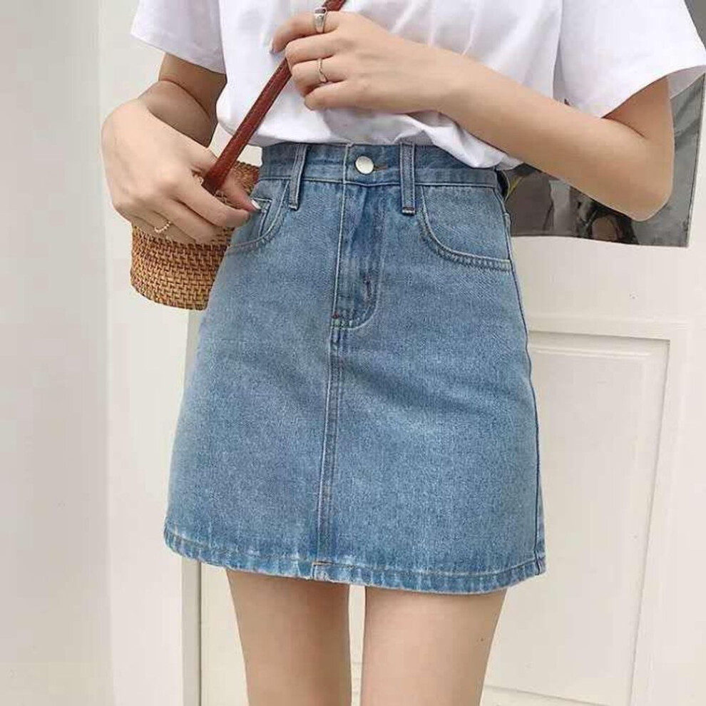 (light blue, L) Summer 2020 High-Waist A-Line Denim Skirt - Women's Casual Korean Style