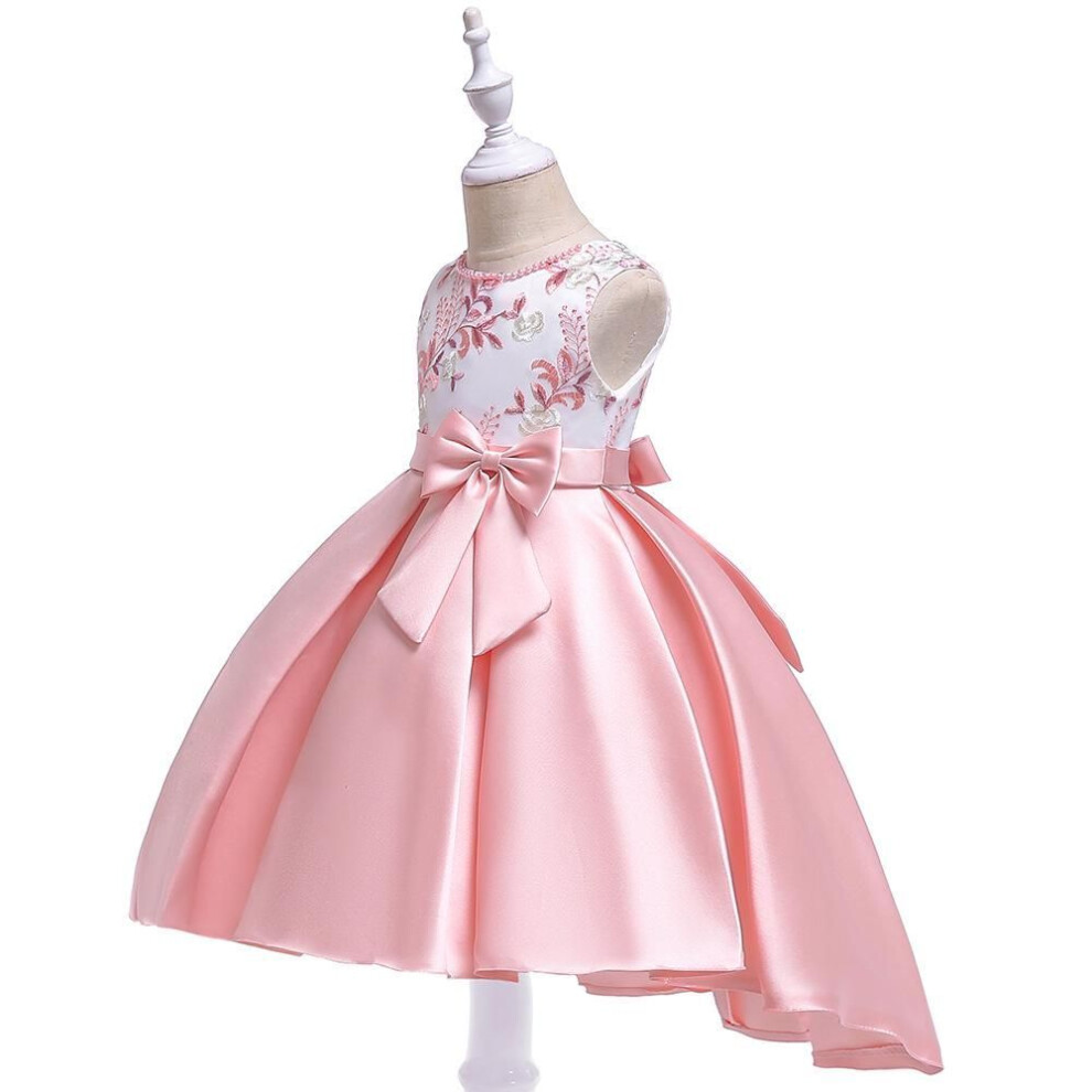 (peach,pink, 110 cm) European & American Beaded Embroidered Princess Tail Dress For Girls - Twill Satin Swallowtail Design