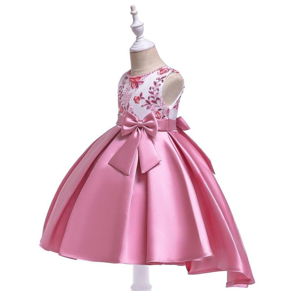 (mauve,pink, 140 cm) European & American Beaded Embroidered Princess Tail Dress For Girls - Twill Satin Swallowtail Design