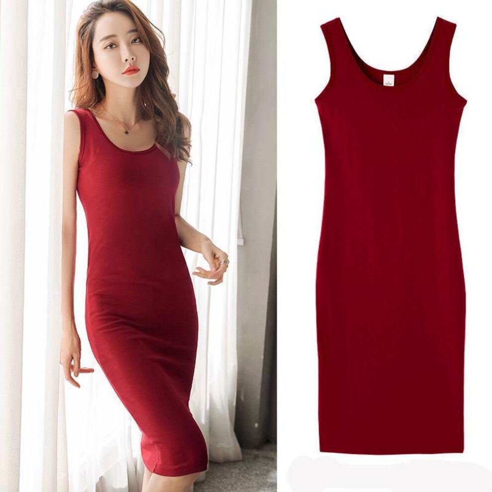 (burgundy,red, M) Plus Size Women's Long Vest Skirt: Spring/Summer Suspender Dress