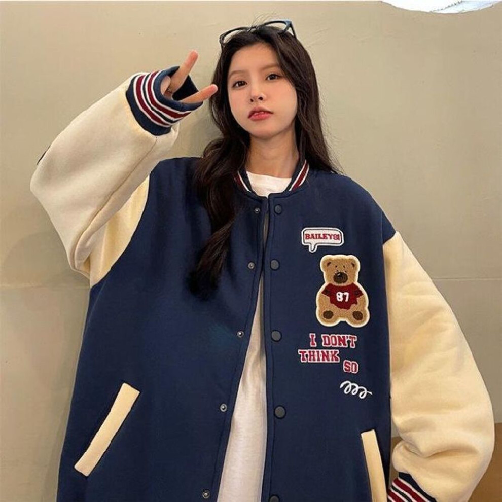 (navy blue, 2XL) "2024 Autumn/Winter Bear-Themed Velvet Couple's Baseball Jacket - Trendy & Loose Fit for Female Students in Hong Kong Style