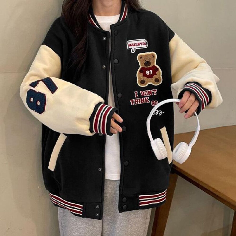 (black, 2XL) "2024 Autumn/Winter Bear-Themed Velvet Couple's Baseball Jacket - Trendy & Loose Fit for Female Students in Hong Kong Style