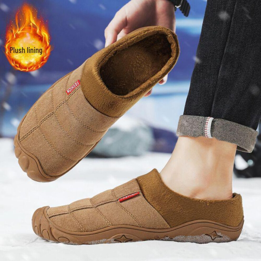 (brown, 38) Men's Cotton Slippers, High-quality Non-slip Rubber Soles, Plus Velvet Warm, Large Size, Perfect For Autumn And Winter Outdoor And Home Use