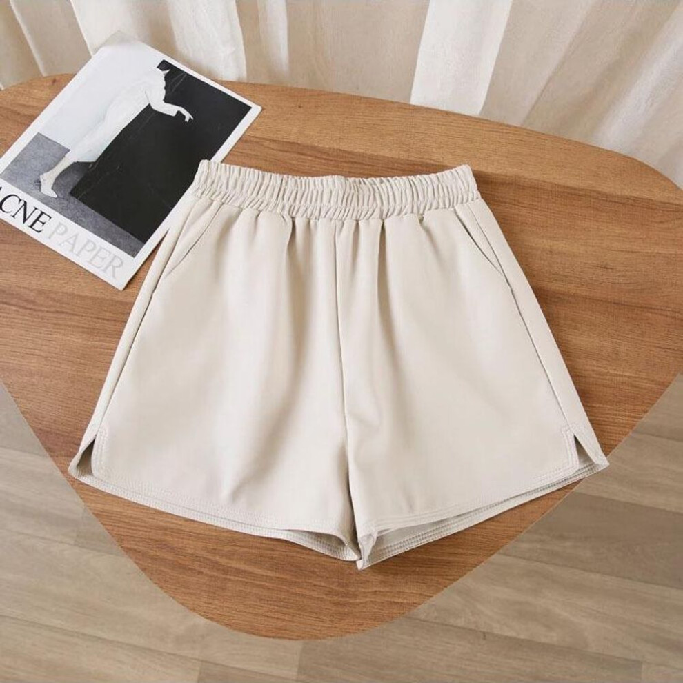 (apricot, XL) "2025 Women's High Waist Slim Pu Leather Black A-line Wide-leg Pants & Shorts For Autumn/winter