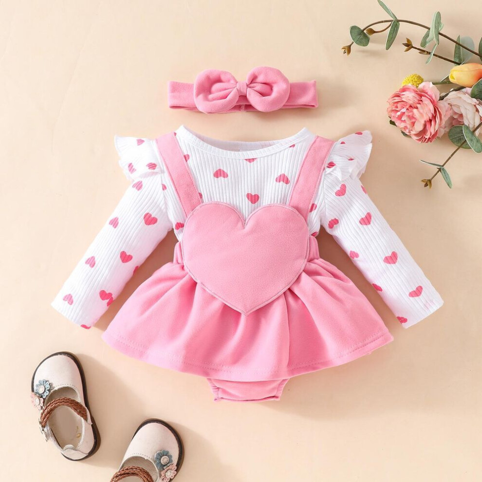 (pink, 6-9 Months) 2024 Infant Girls Embroidered Love Flower Long Sleeve Two-Piece Faux 1-Piece Dress