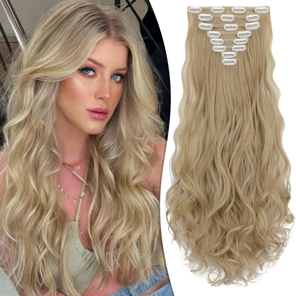 Fanguilar Unisex Clip In Hair Extensions 24 Inch 8Pcs Ash Blonde Long Wavy Synthetic Hair Extensions Clip Ins Thick Double Weft Hair Clip Extensions For Wome