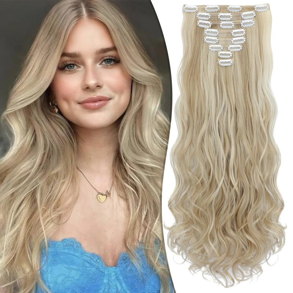Fanguilar Unisex Not,Specified Clip In Hair Extensions 24 Inch 8Pcs Ash Blonde Mix Bleach Blonde Long Wavy Synthetic Hair Extensions Clip Ins Thick Double Weft Hair Clip E