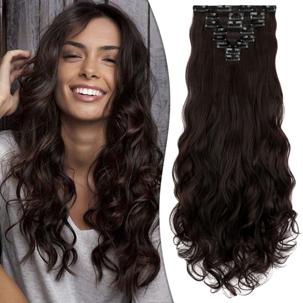 Fanguilar Clip In Hair Extensions 24 Inch 8Pcs Dark Brown Long Wavy Synthetic Hair Extensions Clip Ins Thick Double Weft Hair Clip Extensions For Wome