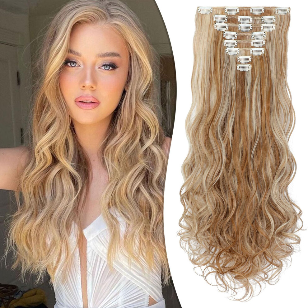 Fanguilar Clip In Hair Extensions 24 Inch 8Pcs Ginger Brown Mix Bleach Blonde Long Wavy Synthetic Hair Extensions Clip Ins Thick Double Weft Hair Clip