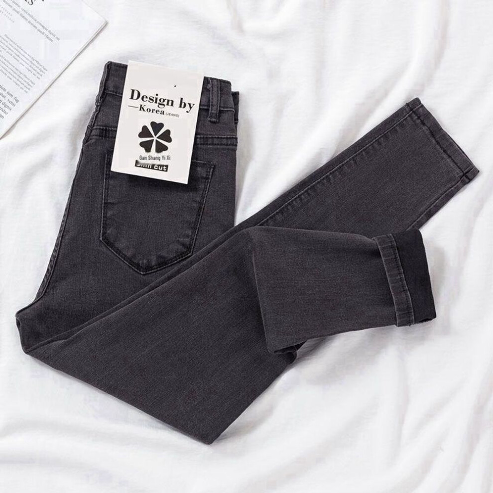 (black gray, 26) Women's High-Waist Slim Korean Pencil Jeans, Versatile Nine-Point Style, Elastic Fit for Autumn 2021
