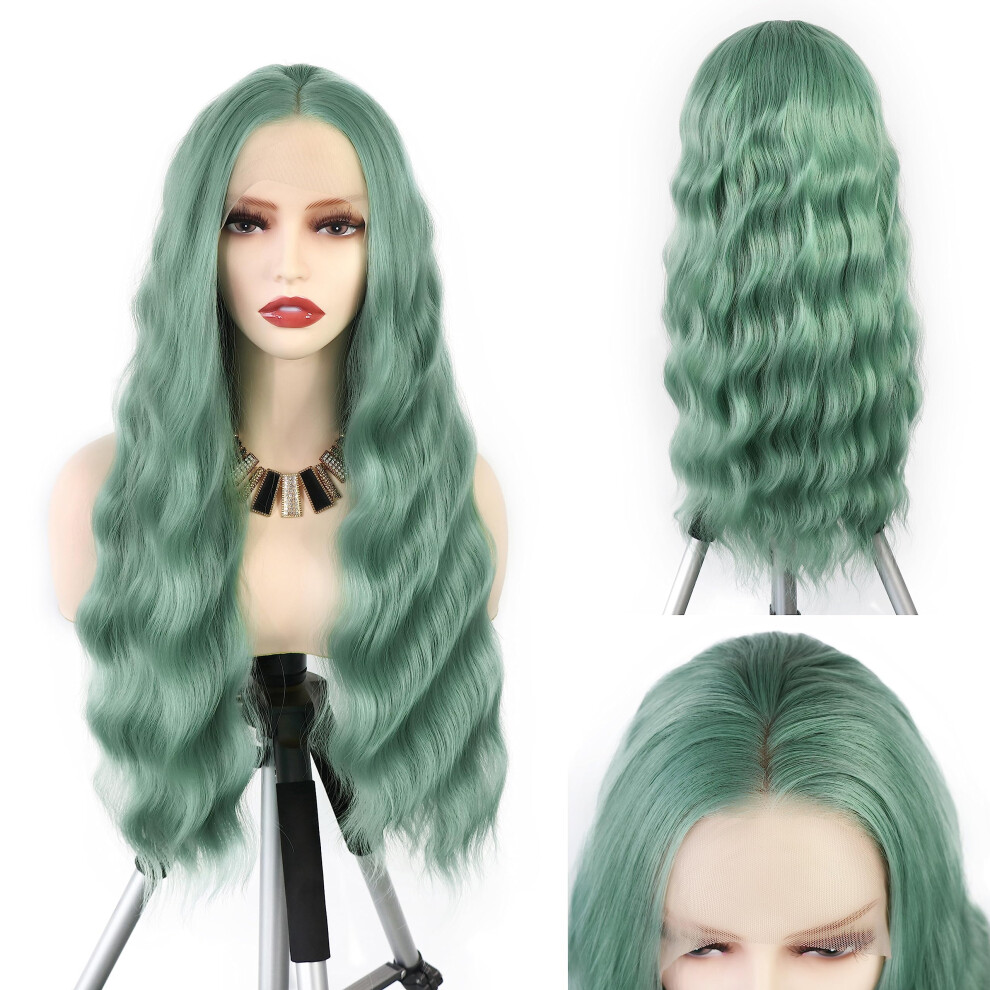 Wxhwcx Unisex Green Mint Synthetic Lace Front Wigs Middle Part Loose Wave Heat Resistant Natural Hairline Fiber Hair Glueless Lace Wigs For Women Cosplay Wig