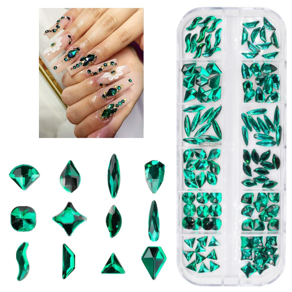 Qiipii Green 120Pcs Emerald Rhinestones Nail Charms 12 Shapes Crystal Flatback Big Gems K9 Glass Nail Stones Diamonds Jewels Nail Art Supplies N