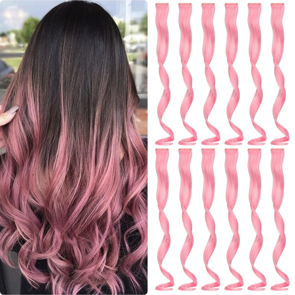 Fanguilar Colored Hair Extensions 12 Pcs 20 Inch Cosplay Pink Clip In Hair Extensions Rainbow One Color Party Highlight Long Wavy Synthetic Hairpiece