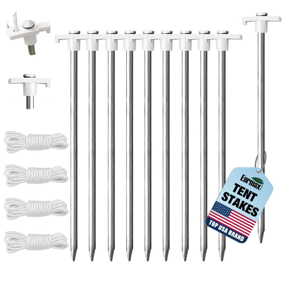 Piquets de tente pliants galvanis   s antirouille Eurmax USA pour tente familiale, ancrages robustes pour auvent, lot de 10 pi   ces avec 4 cordes de