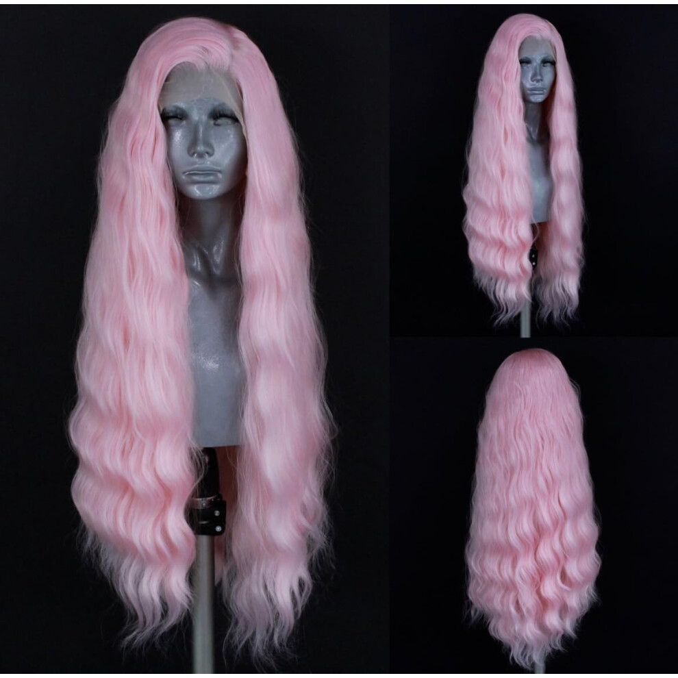 Wxhwcx Unisex Pink Synthetic Lace Front Wigs Free Part Loose Wave Heat Resistant Natural Hairline Fiber Hair Glueless Lace Wigs For Women Cosplay Daily Party