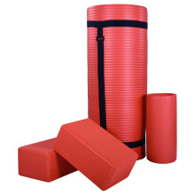 BalanceFrom All-Purpose 71"" x 24"" x 1 inch extra dik hoge dichtheid anti-scheur oefening yogamat kniebeschermer met draagriem en 2 yogablokken rood