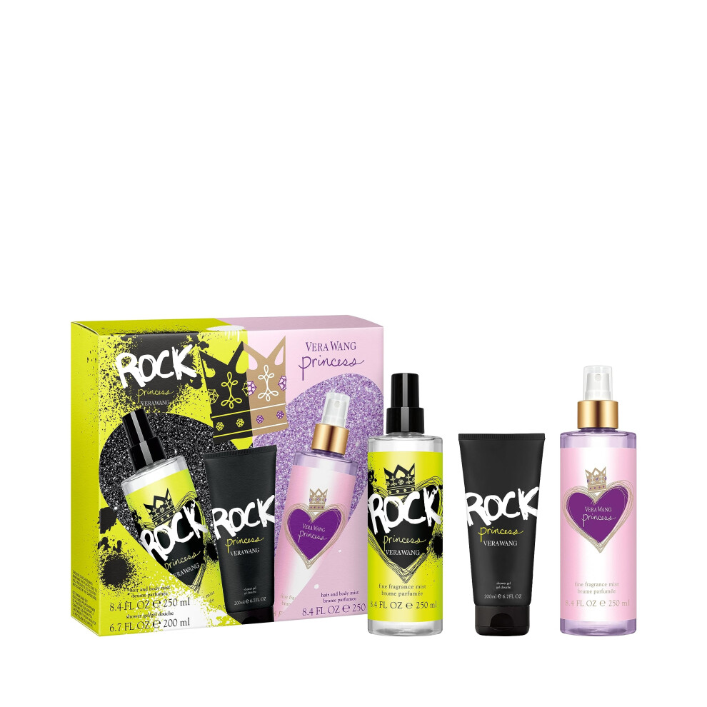 Vera Wang Princess + Rock Princess, Body Mist (2) and Shower Gel 3 Piece Gift Set, Notes of Peach, Jasmine, and Vanilla, Women's Fragrance, Long Lasti