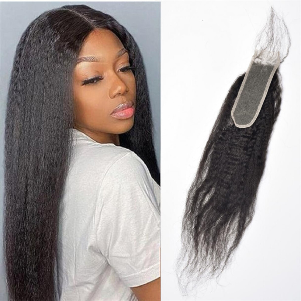Rewcoin Unisex Black Brazilian Kinky Straight 2X6 Lace Closure 100% Unprocessed Human Virgin Hair Coarse Italy Yaki Pre-Plucked Hairline Frontal Closure Natural With