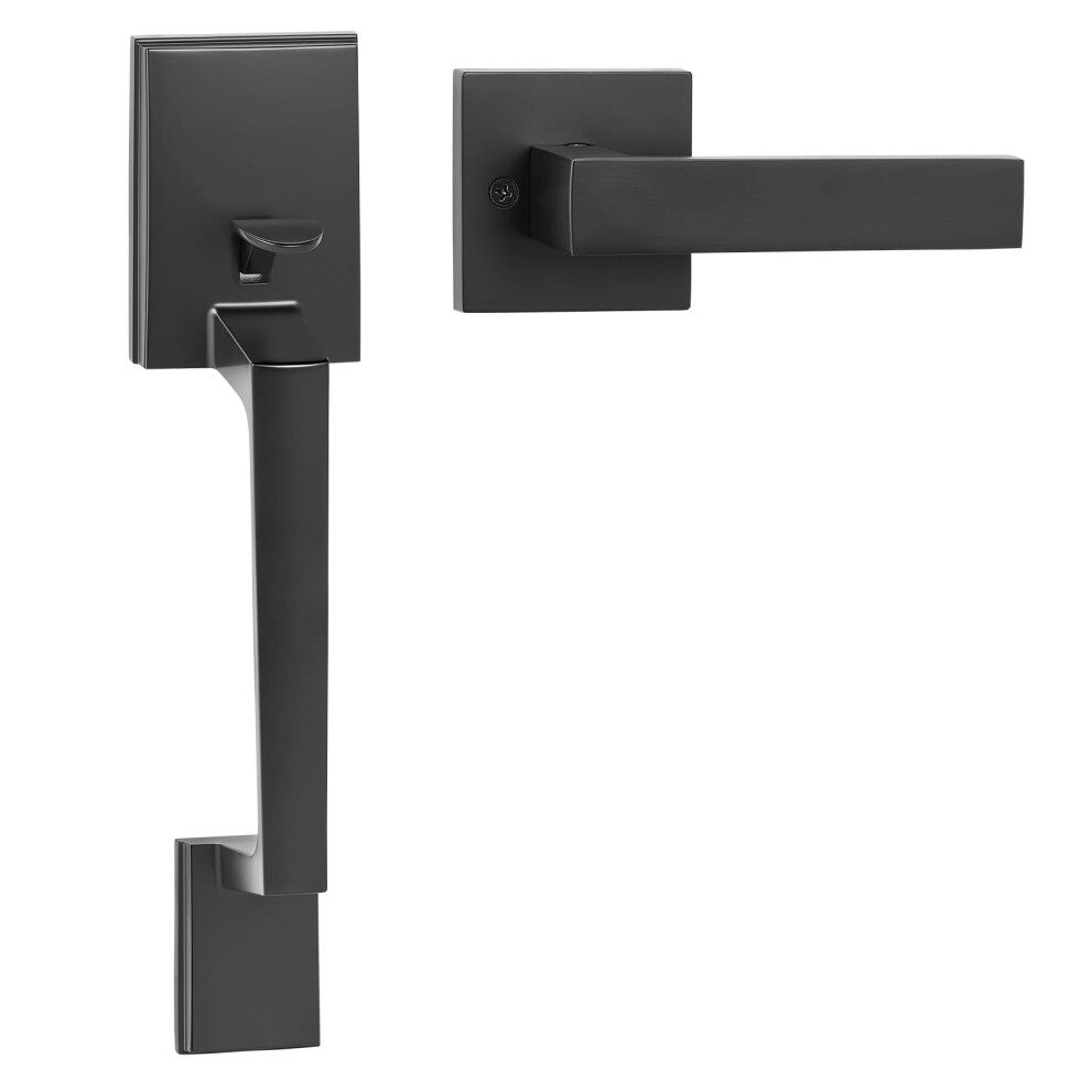 VEVOR Front Door Handle, Matte Black Square Handle Set with Lever Door Handle No Lock, Adjustable Hole Space, Entry Door Handle with Reversible for Ri