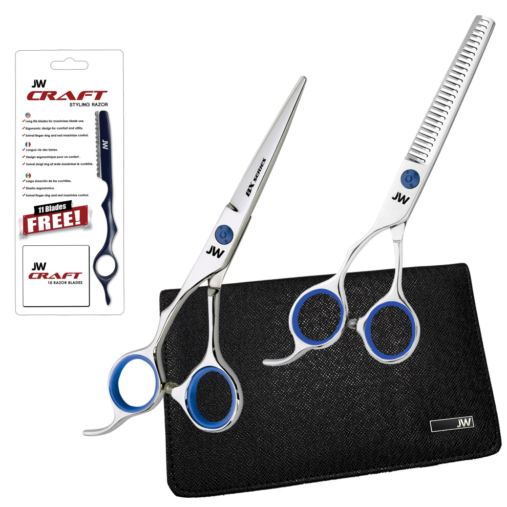 Jw No Nice Silver/Blue Jw Shears Professional Hairdressing Shear Thinner Razor And Case Set (5.75 Lefty )