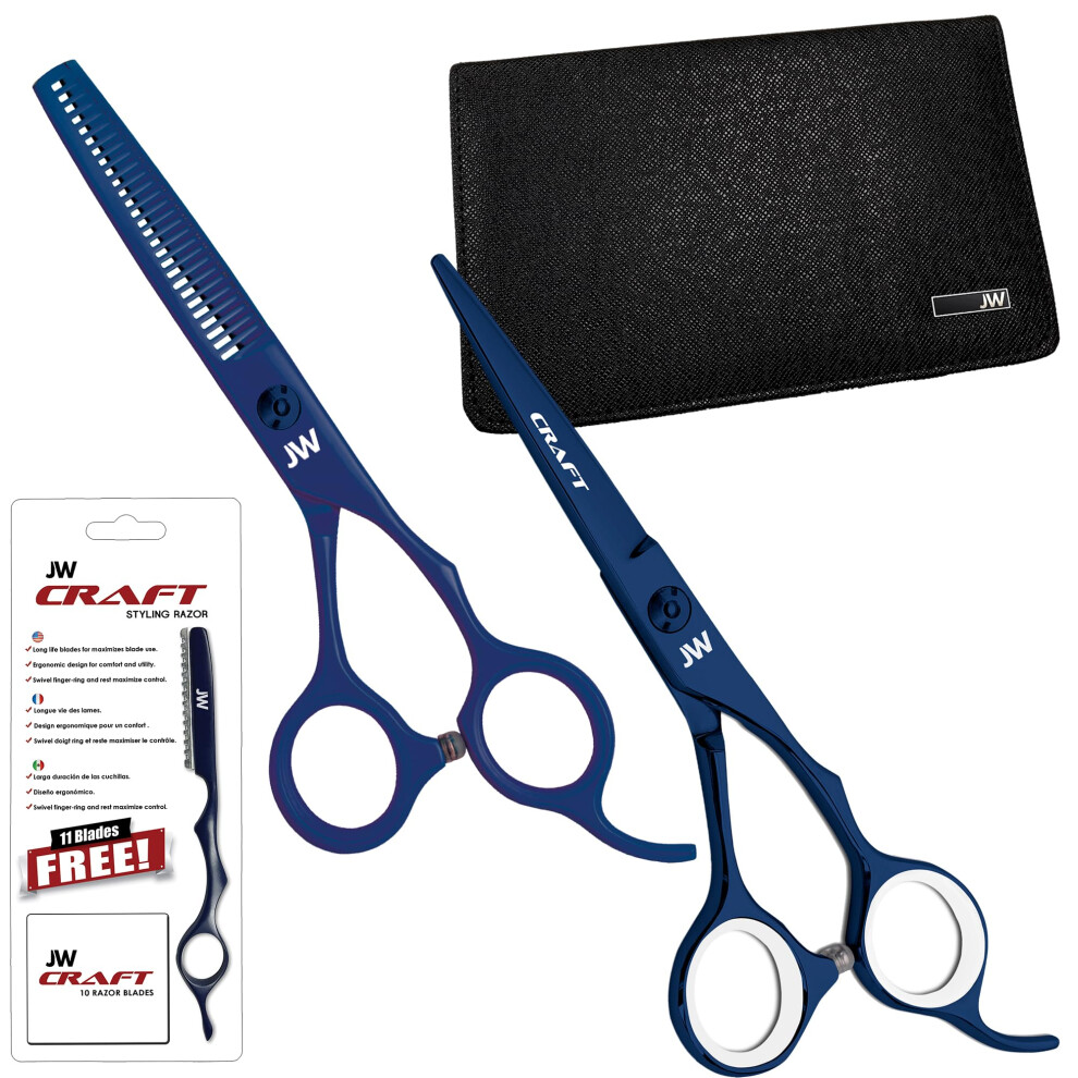 Jw Shears Blue Professional Hairdressing Shear Thinner Razor And Case Set (6.0 )