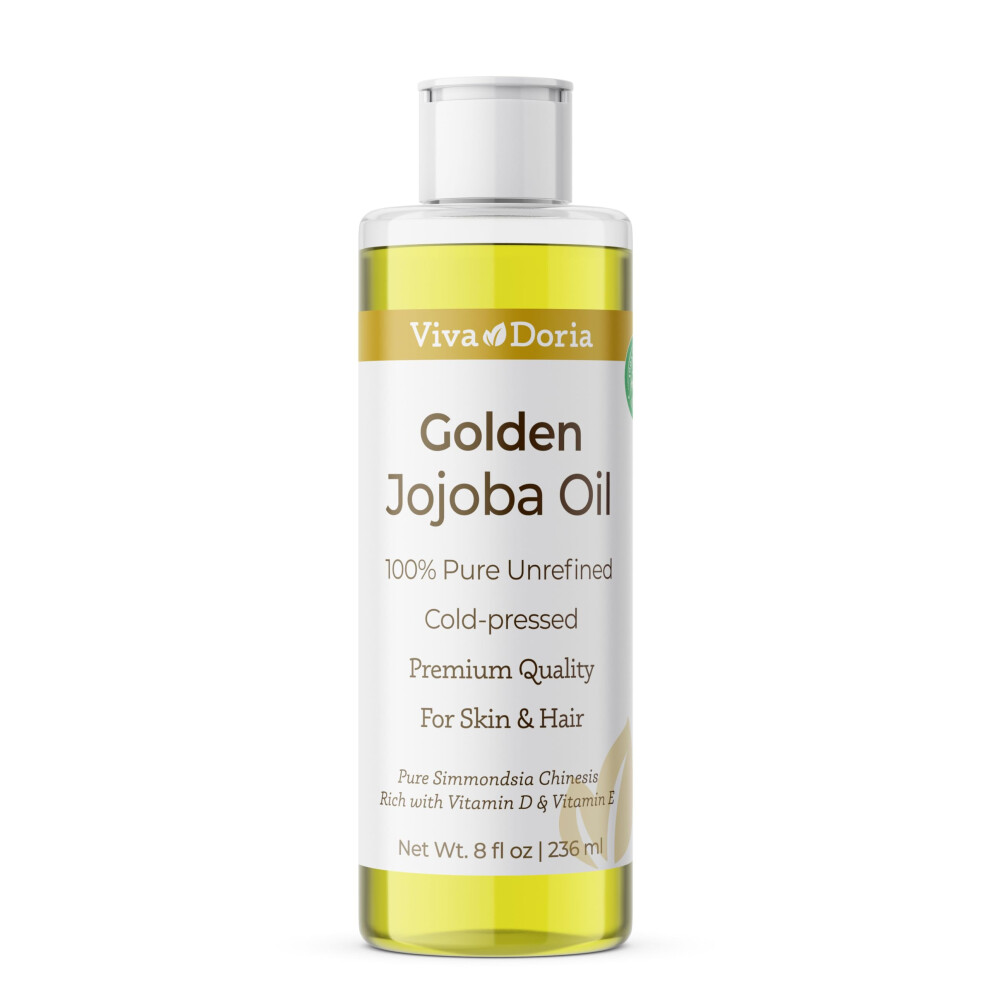 Viva Doria Golden Jojoba Oil - 8 Fl Oz For Hair Skin Nails And More - 100% Pure Unrefined Deeply Moisturizing Anti-Aging Oil For Men And Women