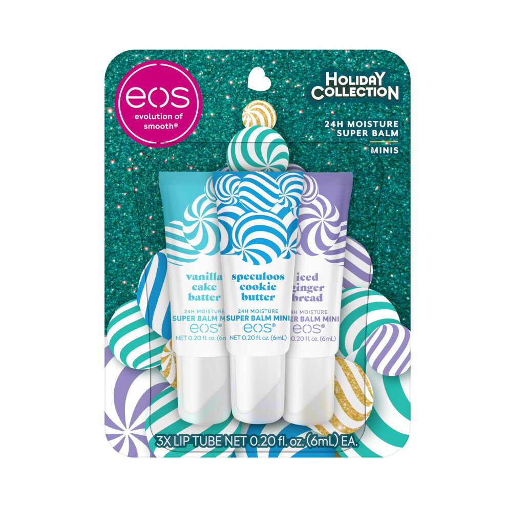 Eos Holiday 24H Moisture Mini Super Balm Set Spekulatius-Keksbutter, Glasierter Lebkuchen, Vanillekuchenteig, Limitierte Auflage, Lippenpflege,-image