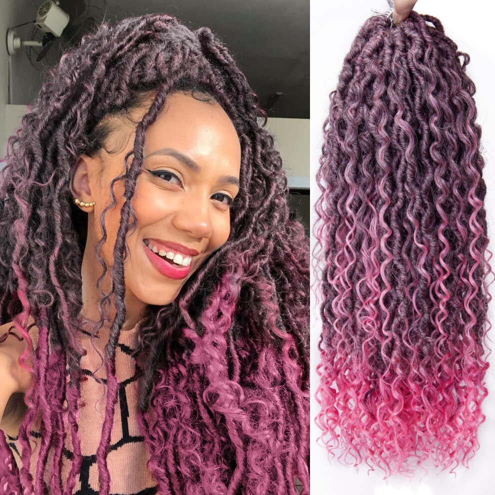 Bekjdiof Unisex Black Goddess Locs Crochet Hair 18Inch Faux Locs Crochet Hair Curly Ends Pre-Looped River Hippie Locs Bohemian Locs Crochet Braids For Women(1B/Pink