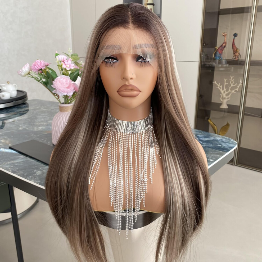 ?A????A Carkira Chocolate Lace Front Wig Highlight Ash Blonde Hair 13X4 Long Straight Ombre Synthetic Fiber Wigs 22Inch For Women Brown